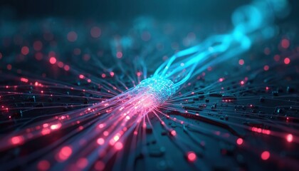 Poster - Fiber optic cables transmit data at high speed, using light signals. Network connection tech abstract background for cyberspace communication, modern web development. Innovation in virtual global