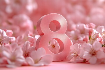 Poster - Pink number 8 surrounded by flowers on a pink background