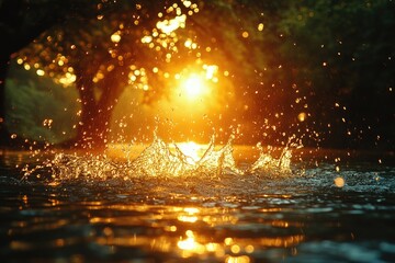 Poster - Image of sunlight shining through tree branches near a body of water