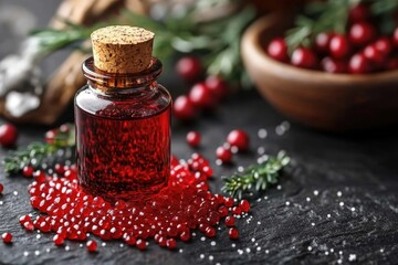 Poster - A bottle filled with red liquid sits next to a bowl of fresh berries, great for health or wellness-themed images
