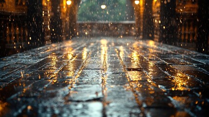 Poster - A wet sidewalk illuminated by streetlights on a dark night