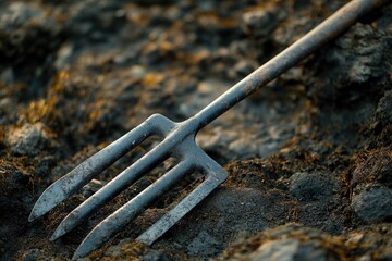 Poster - A fork stuck in the dirt on the ground, potentially abandoned or lost