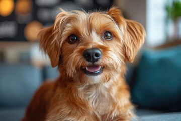 Poster - A brown dog is sitting on the top of a blue couch, a simple and cozy scene