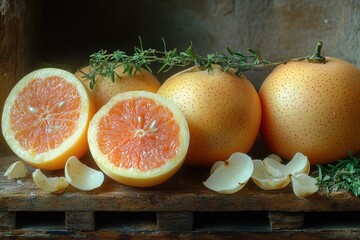 Poster - Fresh grapefruits arranged on a wooden table, perfect for still life photography or commercial use