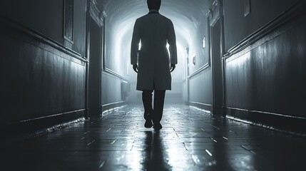 Poster - A man wearing a white lab coat walks down a hospital or office hallway, possibly with a purposeful expression