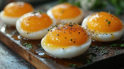 Poster - A simple wooden cutting board topped with four fresh eggs, great for breakfast or brunch