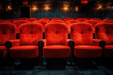 Poster - A row of red chairs in a dimly lit room, perfect for dramatic settings or mysterious scenes