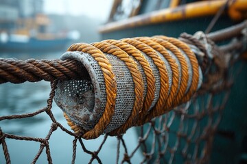 Poster - A close-up shot of a rope with a boat visible in the background, suitable for use in outdoor or nautical-themed projects