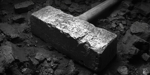 Aufkleber - A hammer resting on a pile of broken concrete or brick debris