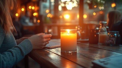 Aufkleber - A person sitting at a table with a lit candle, intimate atmosphere