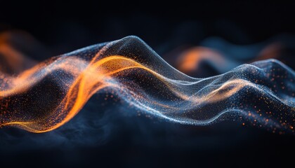 Poster - Abstract Orange, Blue Particle, Dust Stream Wave Background For Design, Technology, Science Concept