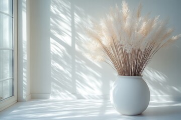 Poster - A simple still life scene featuring a white vase filled with dry grass placed next to a window