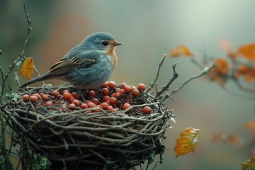 Aufkleber - A bird perched on its nest, surrounded by juicy berries