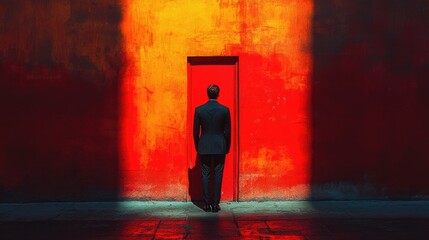 Poster - A person standing before a bright red door with a bold entrance