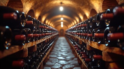 Poster - Rows of wine bottles in a wine cellar storage room