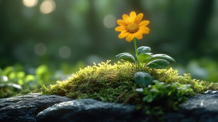 Poster - A small yellow flower sits atop a moss-covered rock, surrounded by lush greenery