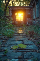 Poster - A brick walkway leads to a house surrounded by woods, providing a peaceful atmosphere