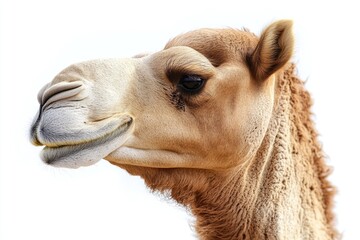 Poster - A close-up shot of a camel's face on a white background
