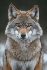 Poster - A close-up view of a wolf's face in snowy surroundings