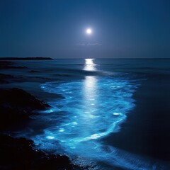 Wall Mural - A vast ocean under the full moon, bioluminescent waves glowing with an ethereal blue hue, casting mesmerizing reflections on the dark water ar 16:9 v 6.1 q 2