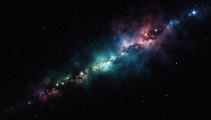 Aufkleber - Starry night sky features nebula, gradient background. Galaxy cosmos texture with cosmic panorama. Astronomy backdrop shows black field, deep fantasy scene. Peaceful nature, spherical infinity, light