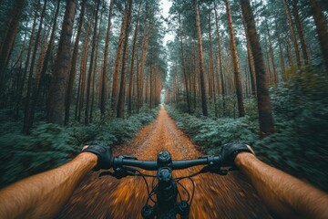 Poster - A person on a bike traversing a dense forest