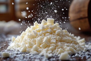 Poster - A stack of white sugar sits atop a wooden table, perfect for baking or cooking