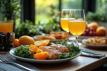 Poster - A plate of food and a glass of wine on a table, perfect for dinner party or romantic evening