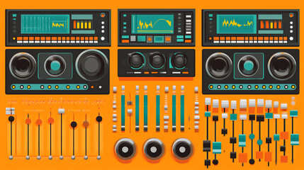 Poster - Audio control interfaces studio environment graphic design vibrant colors top-down viewpoint creative concept