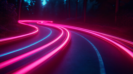 Aufkleber - Dynamic light trails on winding road nighttime photography forest low angle motion and energy