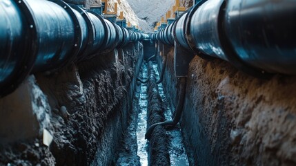 Poster - Modern water supply, sewerage system construction. Underground pipelines installed in trench encased in concrete pipe. Plastic pipes for water, wastewater disposal laid. 32k Resolution