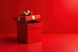 © supansa - A Crimson Gift Box with Golden Accents, Partially Open Revealing Sparkling Interior on a Matching Background