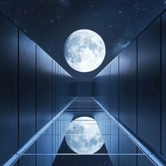 Wall Mural - a futuristic glass tunnel floating in deep space, with the full moon perfectly aligned at the far en