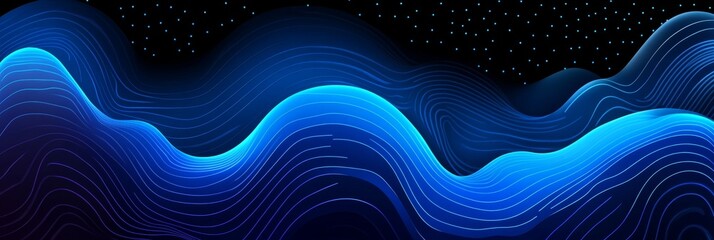 Poster - abstract background with futuristic blue gradient waves, digital lines, flowing particles and stars.