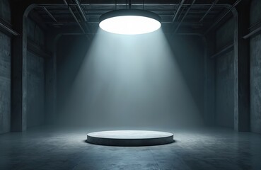 Poster - Dark smokey hangar interior with spotlight, round pedestal on concrete floor. Product presentation background with empty stage. Construction, industry, creative mockup, template for fashion product