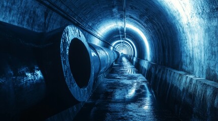 Poster - Modern water supply, sewerage system construction. Underground pipelines installed in trench encased in concrete pipe. Plastic pipes for water, wastewater disposal laid. 32k Resolution