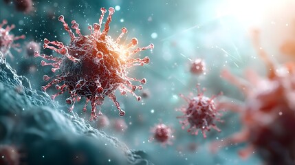 Poster - A highly detailed close up photograph of an unknown virus under a powerful microscope revealing its eerie glowing structure with sharp spikes and a surreal organic texture