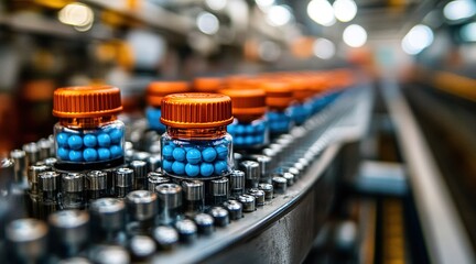Poster - Factory production line processes medicinal capsules in a pharmaceutical facility near sunset