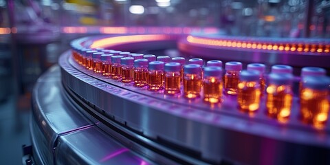 Poster - Conveyor belt transporting glass vials in a modern pharmaceutical manufacturing facility at night