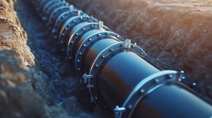 Poster - Modern water supply, sewerage system construction. Underground pipelines installed in trench encased in concrete pipe. Plastic pipes for water, wastewater disposal laid. 32k Resolution