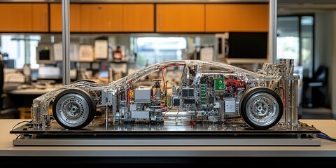 Poster - Detailed transparent model of a car showcasing internal components in a modern office setting