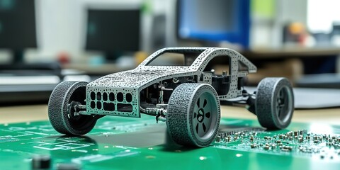 Poster - Metallic model car on a circuit board showcasing detailed engineering and design innovation
