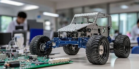 Poster - Robotic vehicle model displayed in a laboratory setting during a technology workshop for students