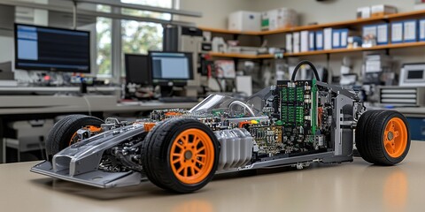 Poster - High-tech model car showcasing intricate engineering and components in a modern laboratory setting