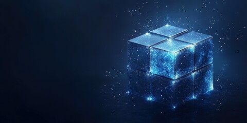 Poster - Glowing crystal cube in a dark space with shimmering particles illuminating the surroundings