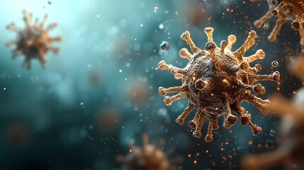 Poster - Macro photograph showcasing the intricate spiky structures of invisible airborne virus particles magnified and emitting a faint glow to represent their infectious nature