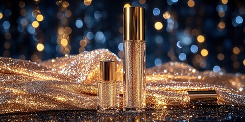 Poster - Sparkling cosmetic bottles showcase luxury in a festive setting with dazzling lights