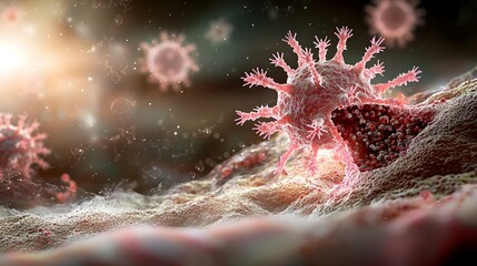 Poster - Highly detailed microscopic photograph showcasing the exact moment a deadly virus cell attaches to a human cell illustrating the dramatic contrast between the glowing
