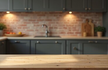 Aufkleber - Rustic wooden tabletop with blurred kitchen interior. Empty counter, product display. Modern kitchen design, brick wall background. Warm indoor space. Copy space area, place for product presentation.
