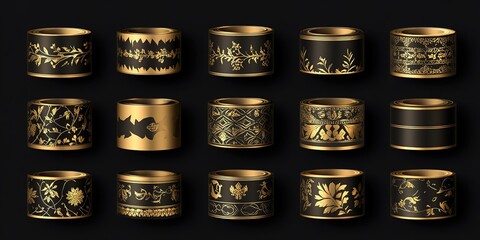 Poster - Elegant black and gold decorative rings featuring intricate floral and geometric designs crafted with precision